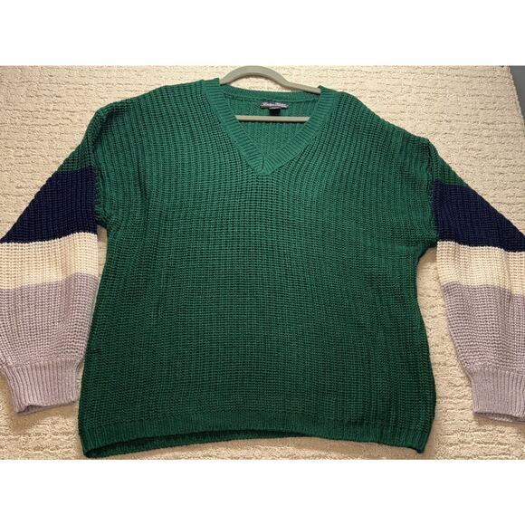 Evelyn Taylor Colorblock Knit Sweater V-Neck 1X Green Multi Stripe Chunky - Picture 7 of 7